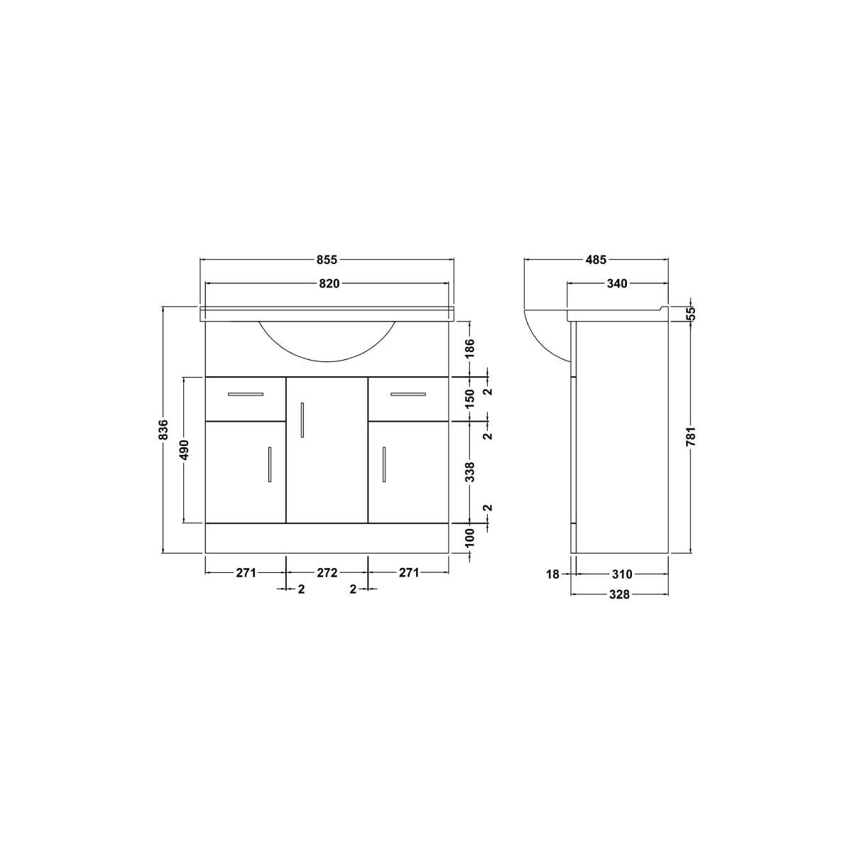 Nuie Mayford 850mm Floor Standing Vanity Unit & Basin - Gloss White - Technical drawing