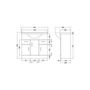 Nuie Mayford 850mm Floor Standing Vanity Unit & Basin - Gloss White - Technical drawing