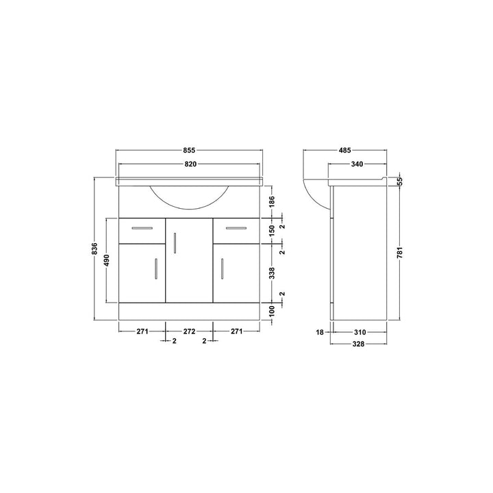 Nuie Mayford 850mm Floor Standing Vanity Unit &amp; Basin - Gloss White