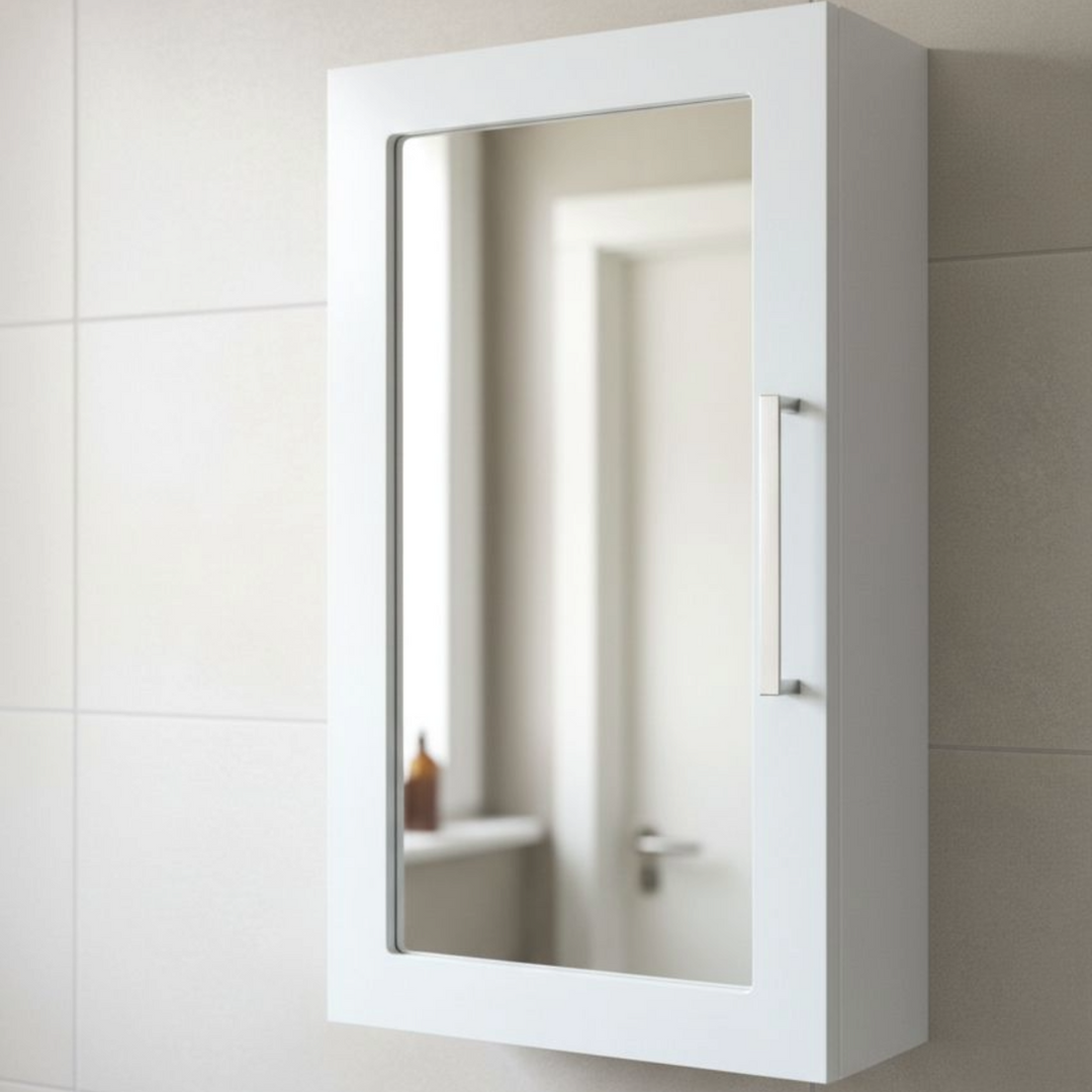 Matt White Single Framed Door Mirror Cabinet - 500H x 300W x 140Dmm - Flatpack