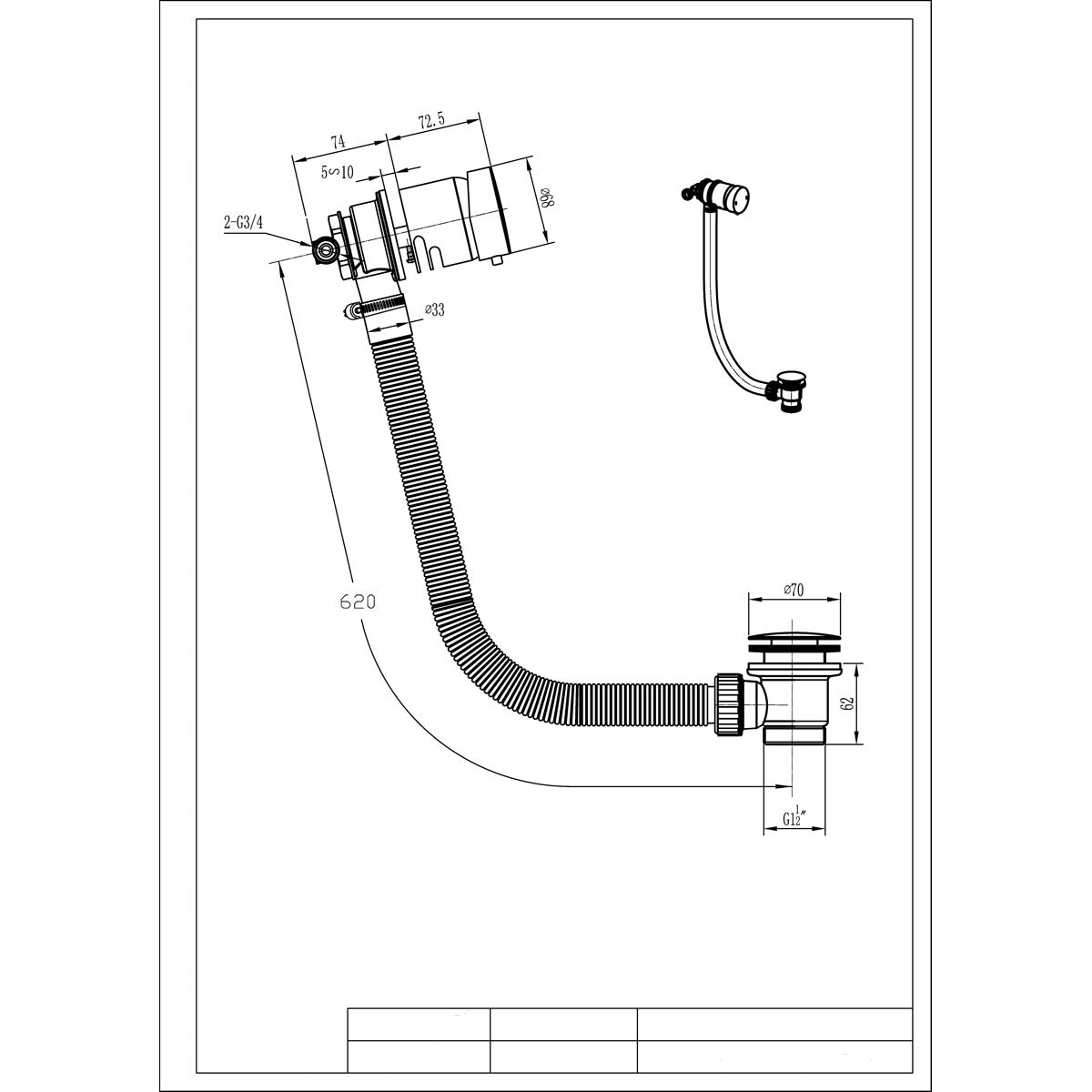 Eliseo Ricci Bath Filler & Overflow Bath Waste - Gunmetal - Technical drawing
