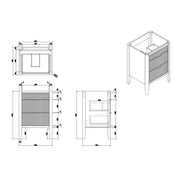 Wilde Fluted 600mm Floor Standing Vanity Unit Sand inc Marble Top and Ceramic Basin - Technical drawing