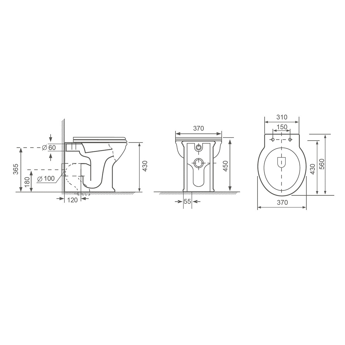 Windsor Rimless Back to Wall Toilet & Soft Close Seat - Technical drawing