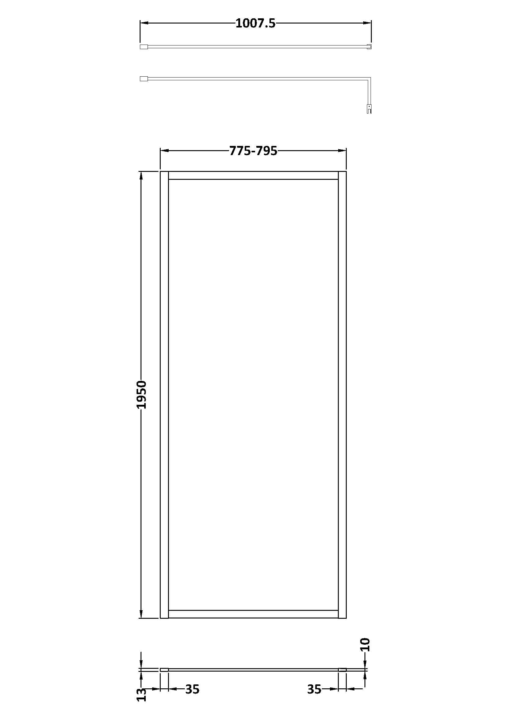 Hudson Reed Full Outer Frame Wetroom Screen 1950x800x8mm - Brushed Brass - Technical drawing
