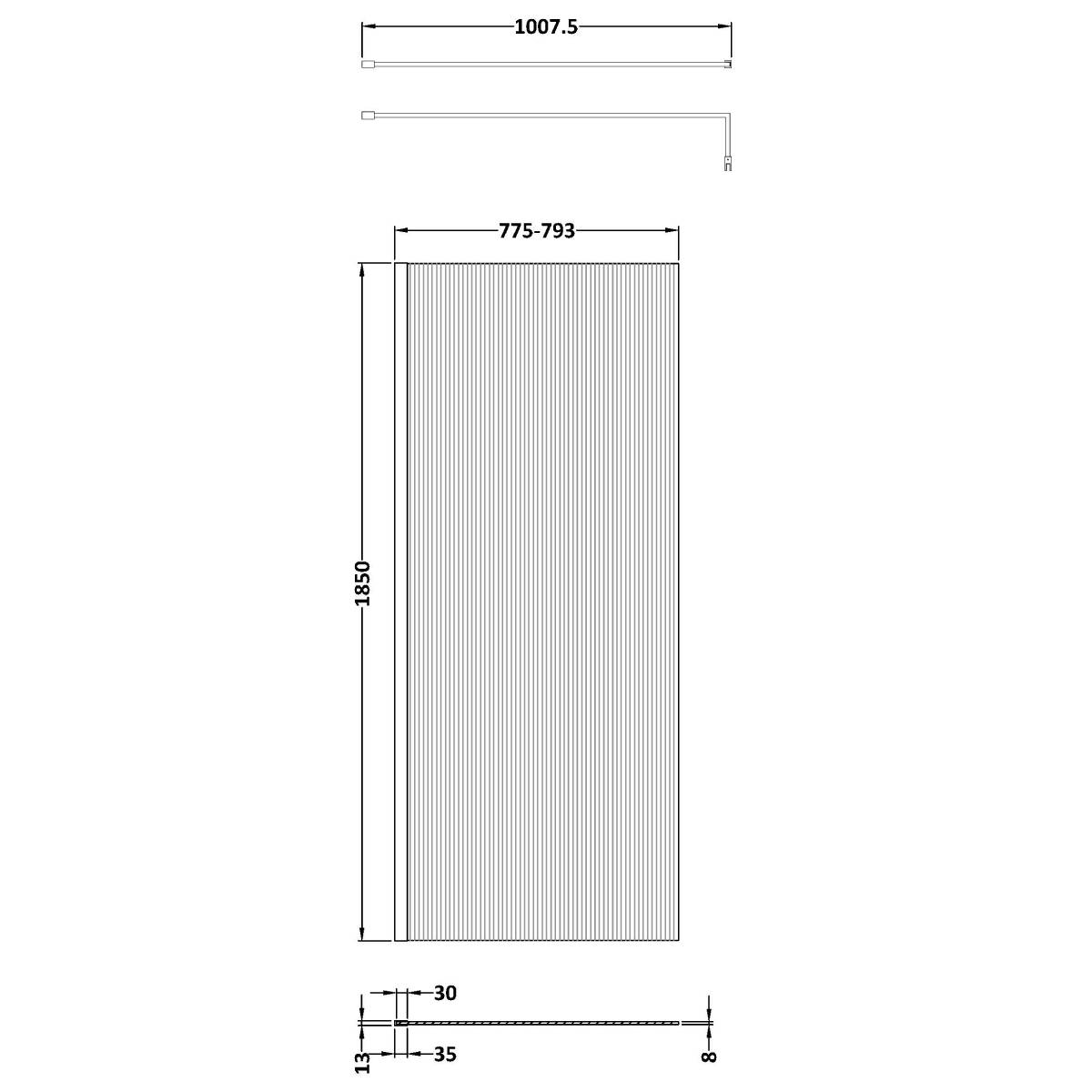 Hudson Reed 900mm Fluted Wetroom Screen including Support Bar - Chrome - Technical drawing