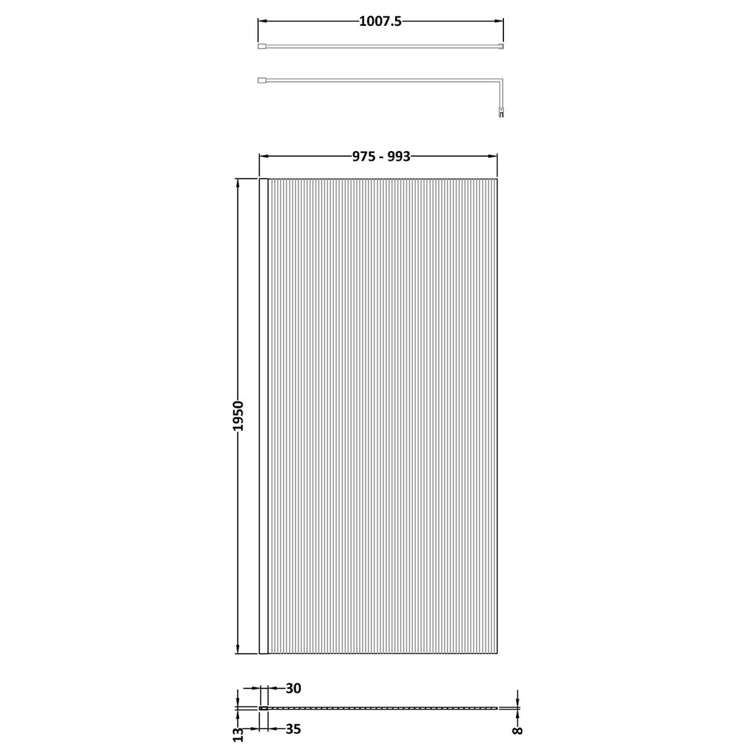 Hudson Reed 1000mm Fluted Wetroom Screen including Support Bar - Brushed Brass