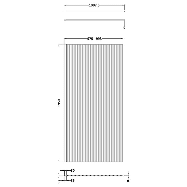 Hudson Reed 1000mm Fluted Wetroom Screen including Support Bar - Brushed Brass
