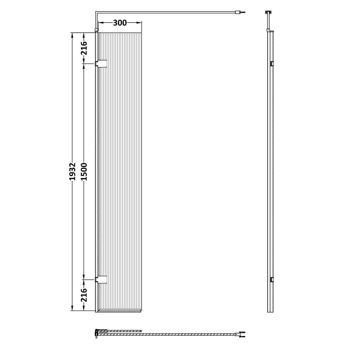 Hudson Reed Fluted 300mm Wetroom Swing Screen - Chrome - Technical drawing
