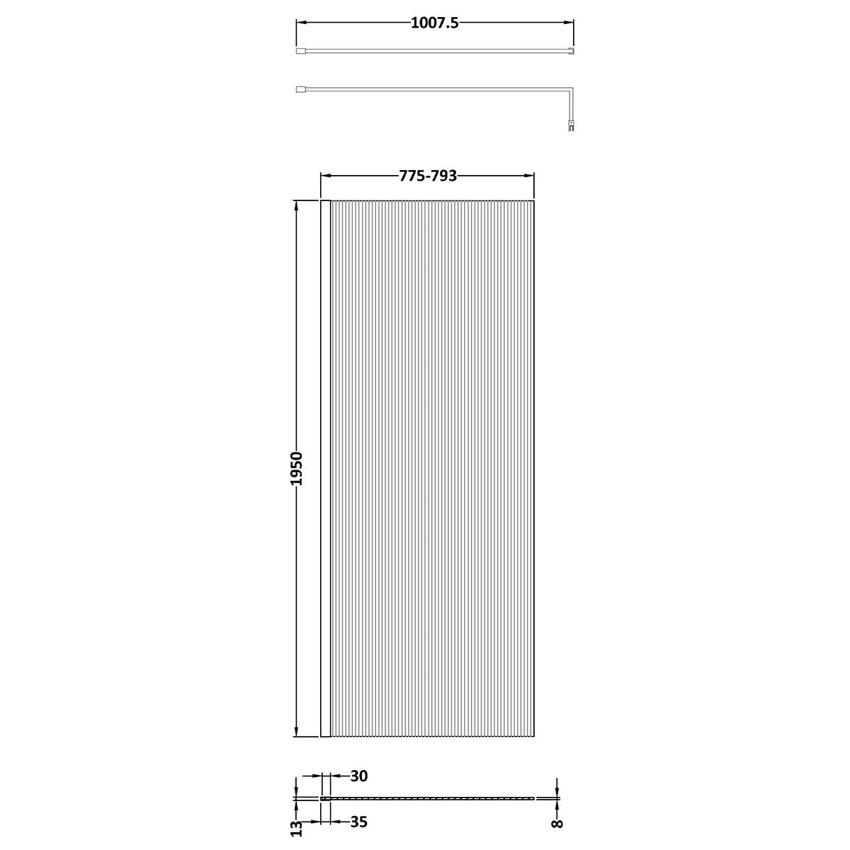 Hudson Reed 800mm Fluted Wetroom Screen including Support Bar - Brushed Brass - Technical drawing