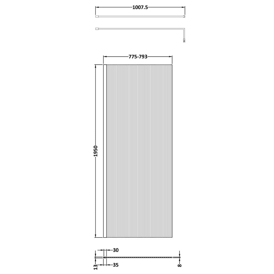 Hudson Reed 800mm Fluted Wetroom Screen including Support Bar - Brushed Brass