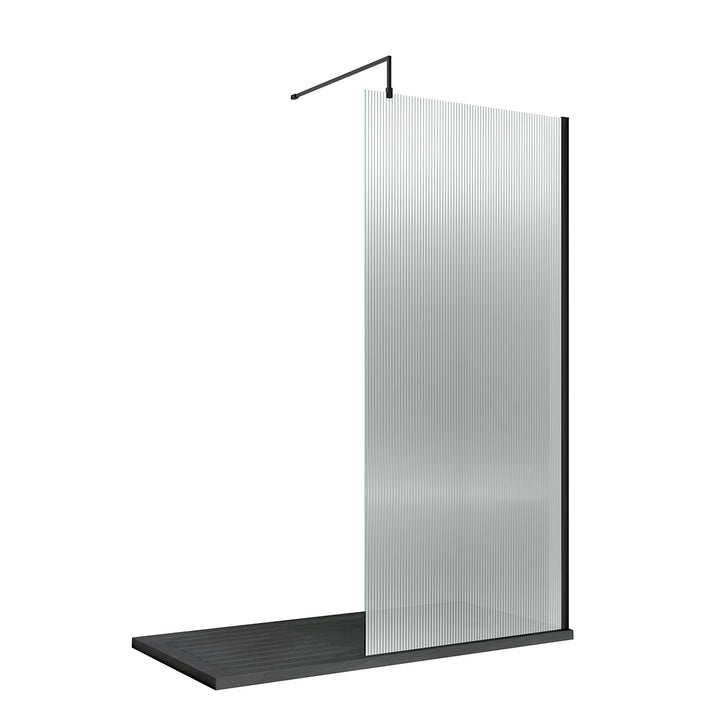 Hudson Reed 800mm Fluted Wetroom Screen including Support Bar - Matt Black