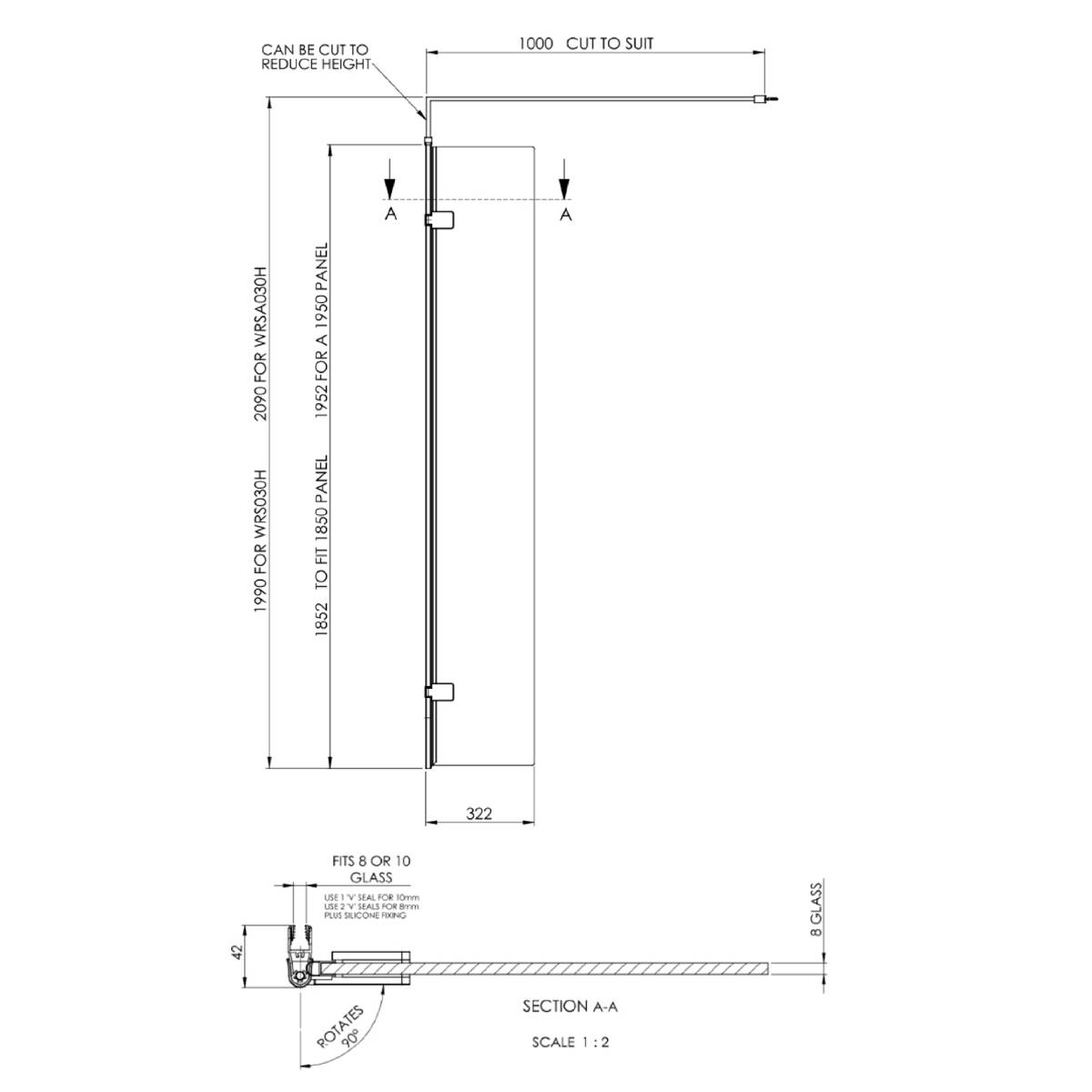 Hudson Reed 300mm Wetroom Swing Screen - Gun Metal - Technical drawing