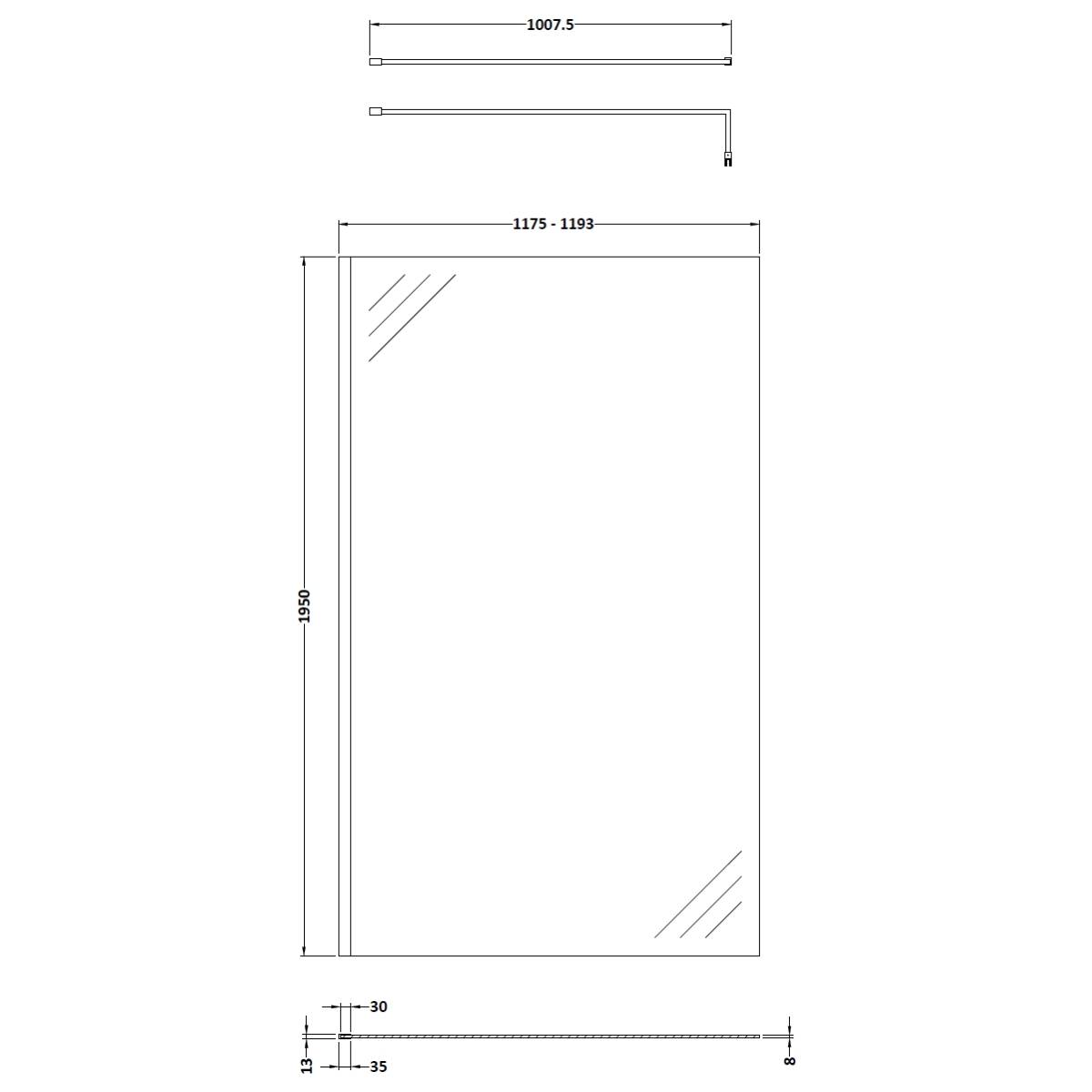 Hudson Reed 1200mm Wetroom Screen Only - Technical drawing