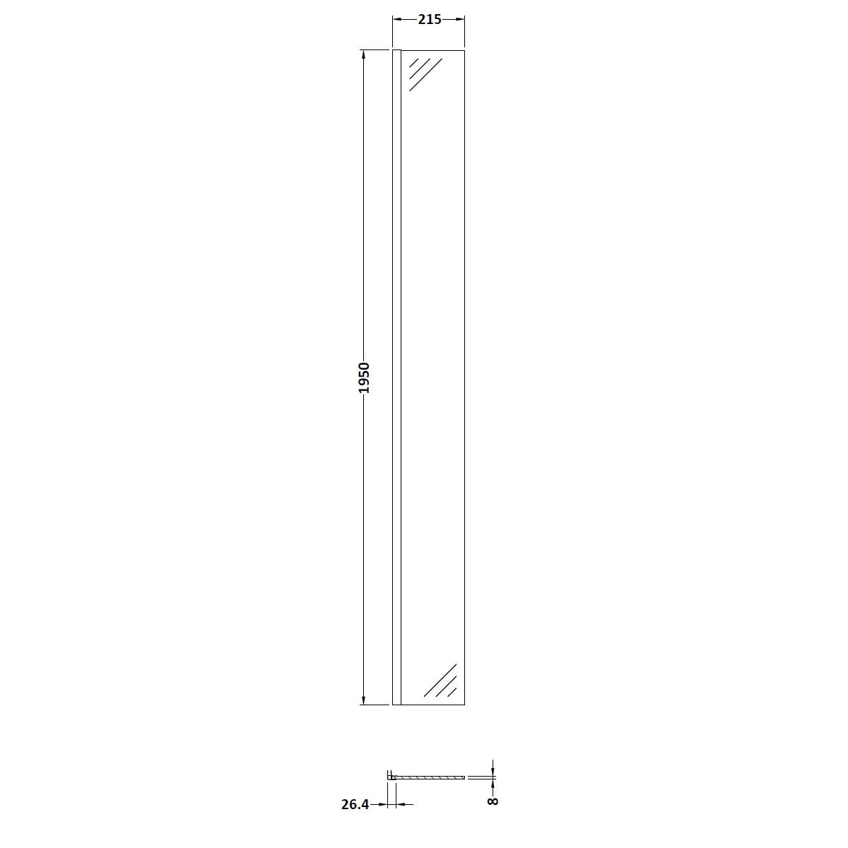 Hudson Reed 215mm Wetroom Return Screen - Gun Metal - Technical drawing