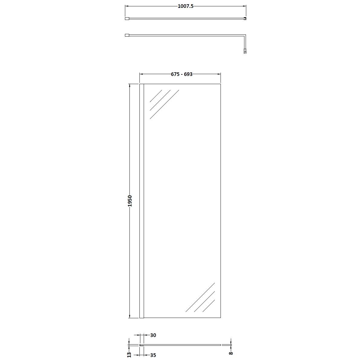 Hudson Reed 700mm Wetroom Screen & Support Bar - Matt Black - Technical drawing