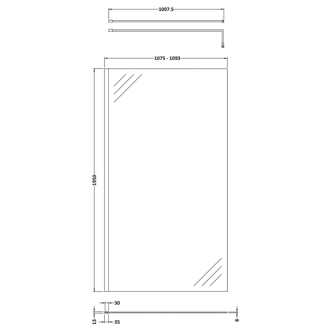 Hudson Reed 1100mm Wetroom Screen &amp; Support Bar - Brushed Brass