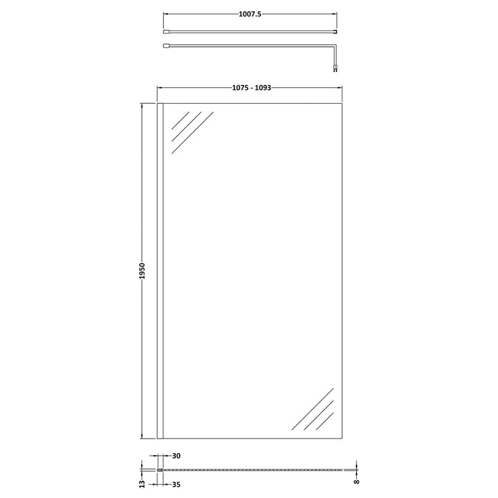 Hudson Reed 1100mm Wetroom Screen &amp; Support Bar - Brushed Brass