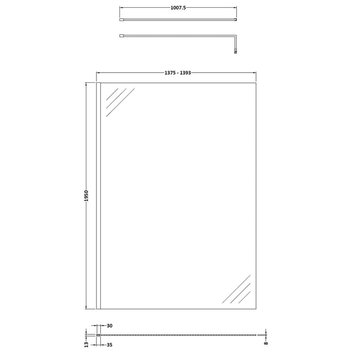 Hudson Reed 1400mm Wetroom Screen &amp; Support Bar - Brushed Brass
