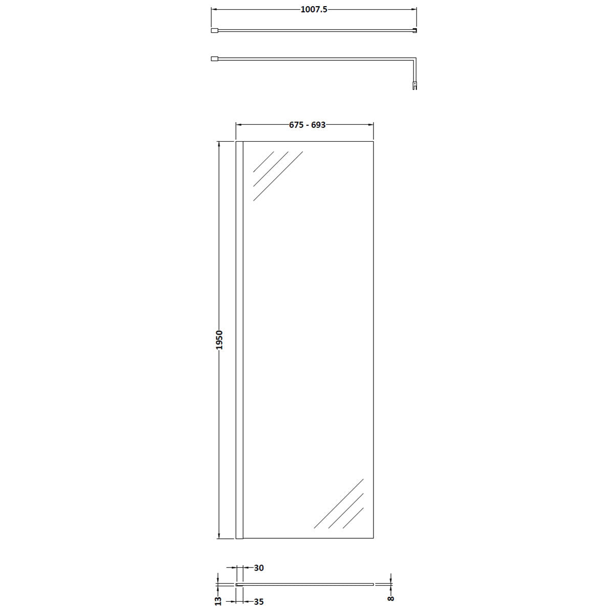 Hudson Reed 700mm Wetroom Screen & Support Bar - Brushed Brass - Technical drawing