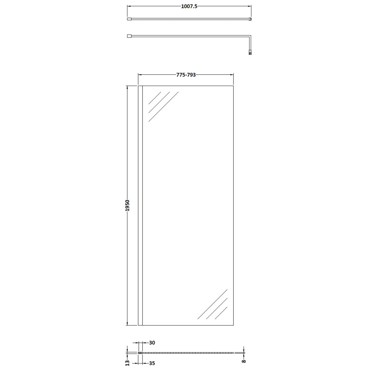 Hudson Reed 800mm Wetroom Screen & Support Bar - Brushed Brass - Technical drawing