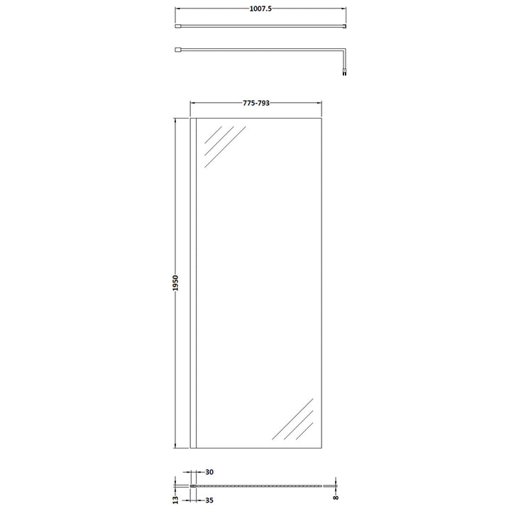 Hudson Reed 800mm Wetroom Screen &amp; Support Bar - Brushed Brass