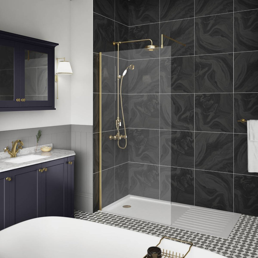 Hudson Reed 1100mm Wetroom Screen &amp; Support Bar - Brushed Brass