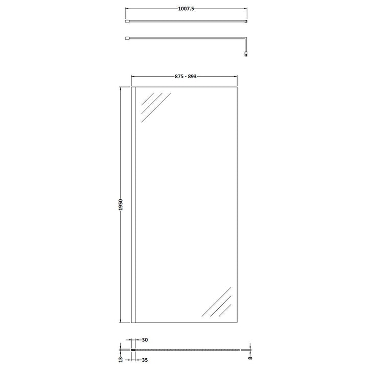 Hudson Reed 900mm Wetroom Screen &amp; Support Bar WRSBB90 - Brushed Brass
