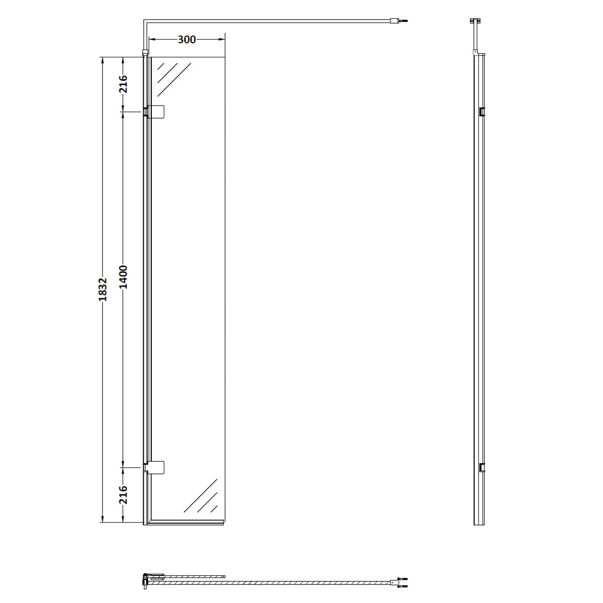 Hudson Reed 300mm Wetroom Swing Screen - Matt Black - Technical drawing