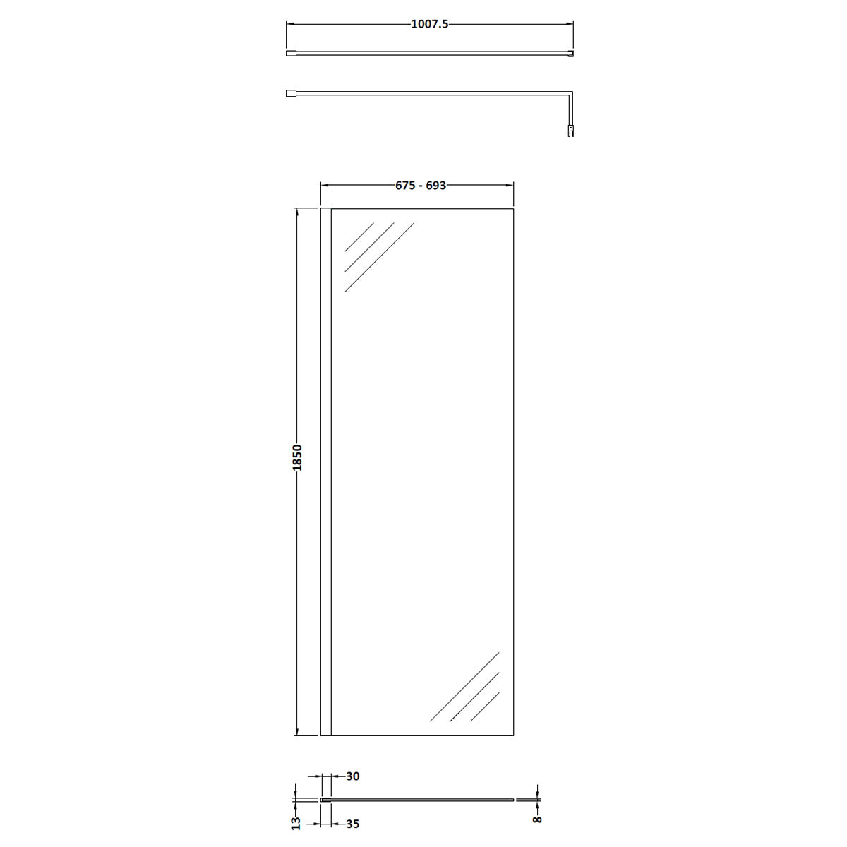 Nuie 700mm Wetroom Screen with Support Bar - Matt Black - Technical drawing