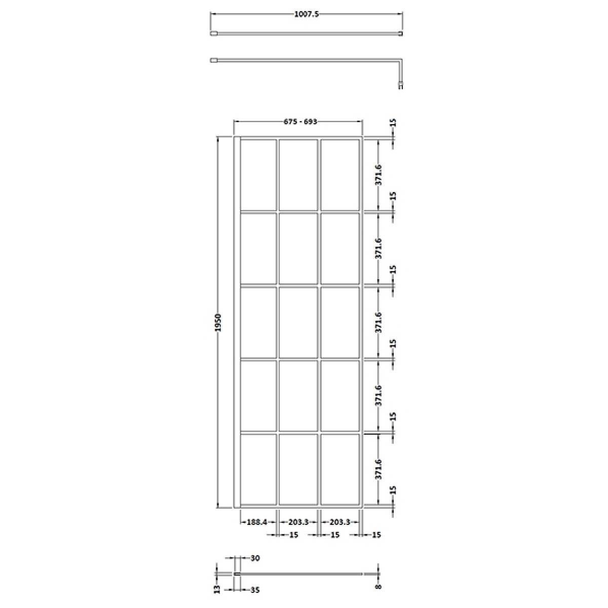 Hudson Reed 700mm Framed Wetroom Screen - Matt Black WRSF070 - Technical drawing