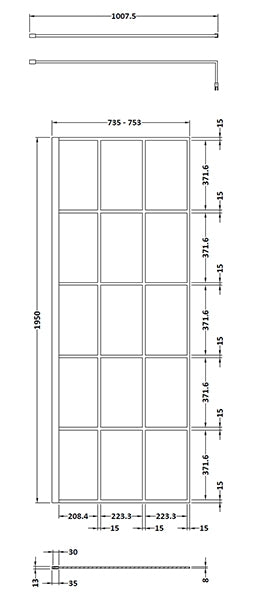 Hudson Reed 760mm Framed Wetroom Screen - Matt Black WRSF076 - Technical drawing