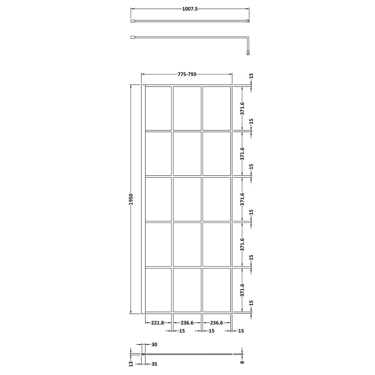Hudson Reed 800mm Framed Wetroom Screen - Matt Black WRSF080 - Technical drawing