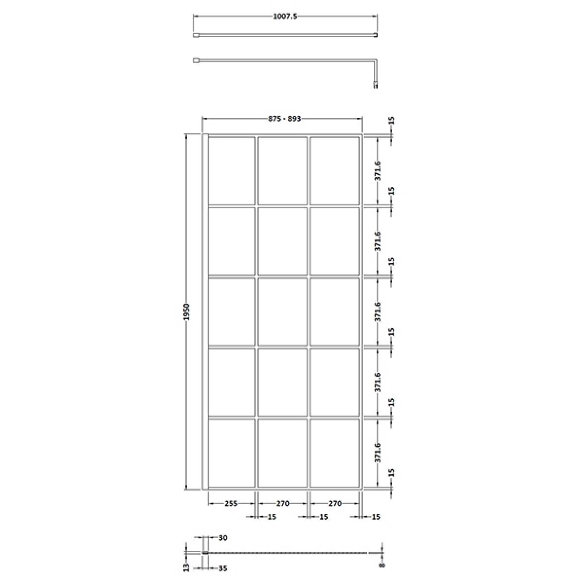 Hudson Reed 900mm Framed Wetroom Screen - Matt Black WRSF090 - Technical drawing