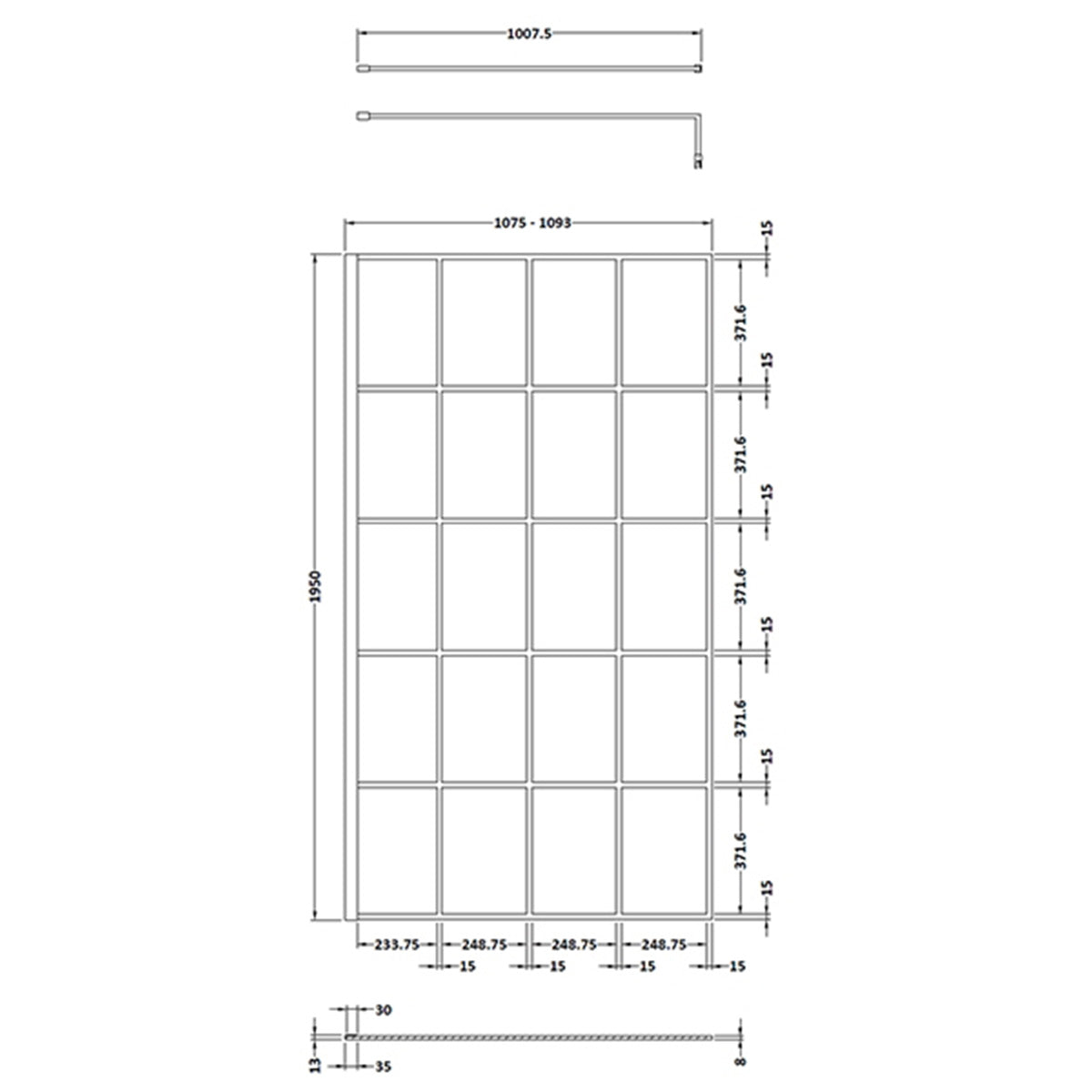 Hudson Reed 1100mm Framed Wetroom Screen - Matt Black - Technical drawing