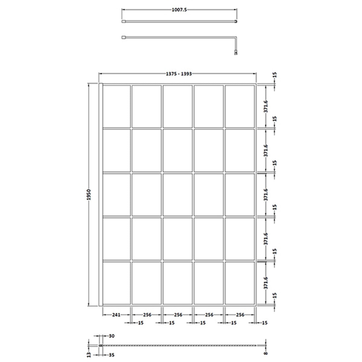 Hudson Reed 1400mm Framed Wetroom Screen - Matt Black - Technical drawing