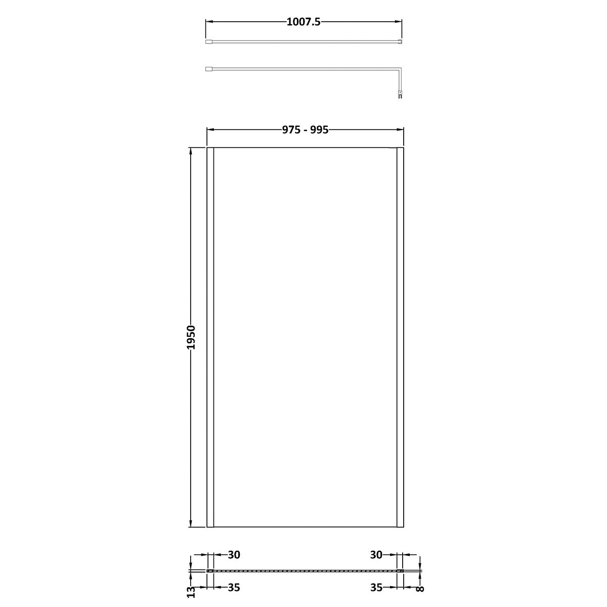 Hudson Reed 1000mm Outer Framed Wetroom Screen with Support Bar - Brushed Brass - Technical drawing