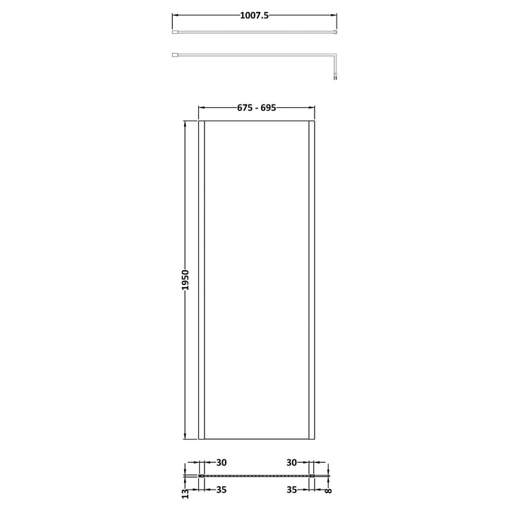 Hudson Reed 700mm Outer Framed Wetroom Screen with Support Bar - Matt Black