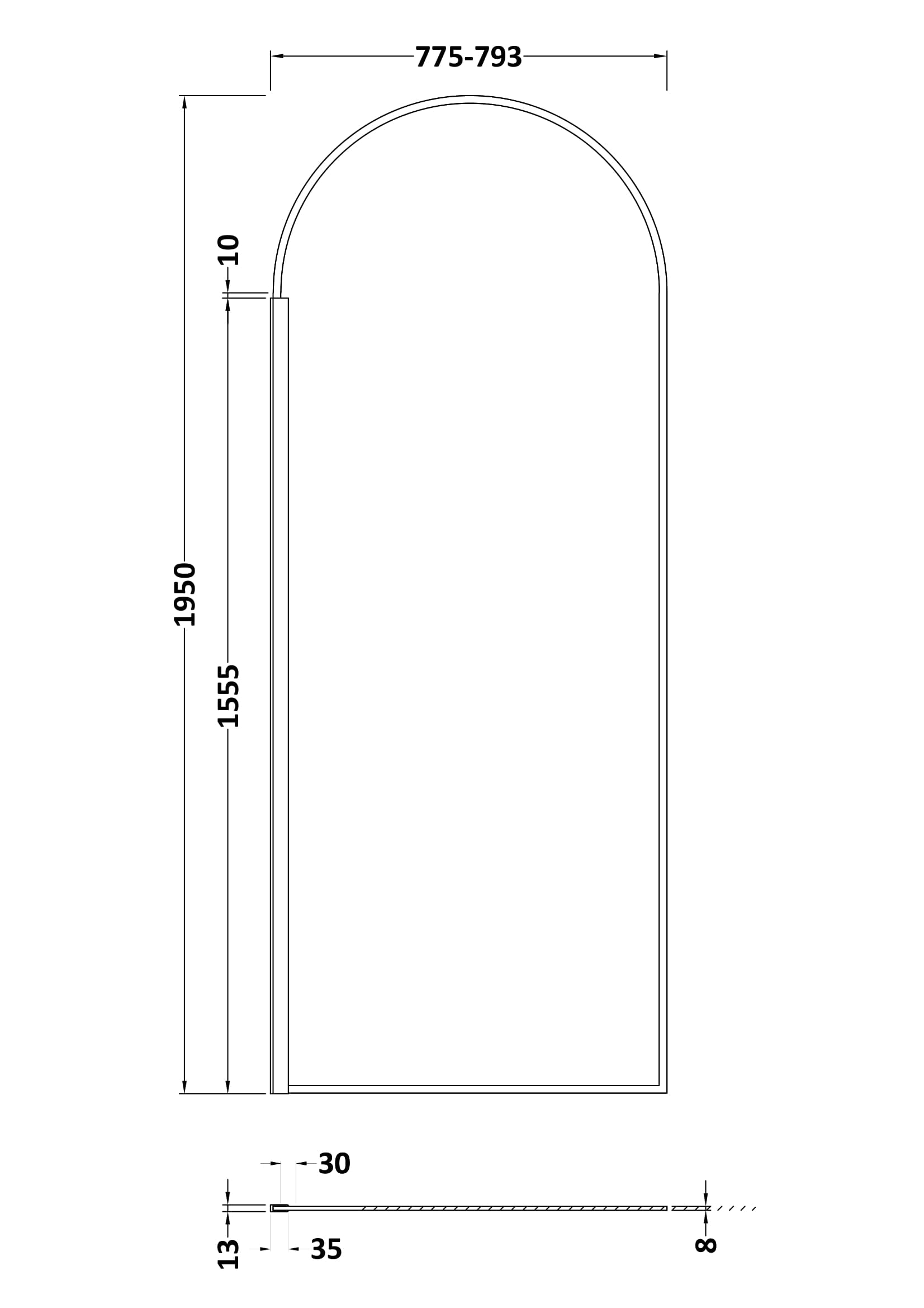 Hudson Reed 800mm Arched Wetroom Screen - Matt Black - Technical drawing