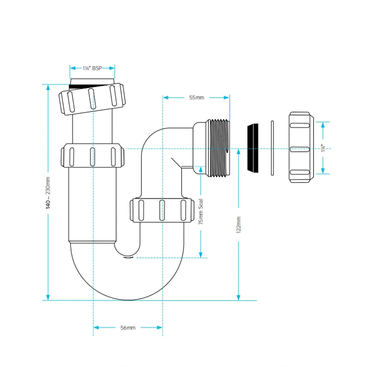 Viva 1-1/4" 32mm Waste Telescopic P Trap - Technical drawing