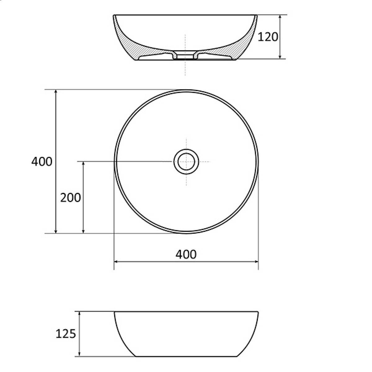 Ravak Uni 400mm B Slim Counter Top Basin - Technical drawing