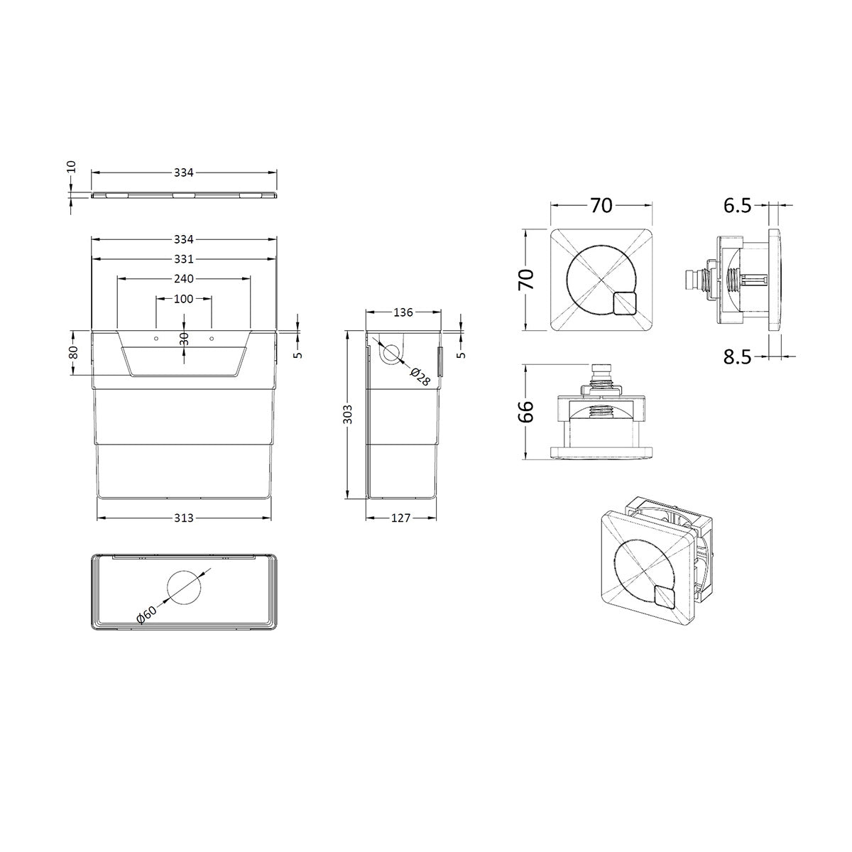 Universal Acess Concealed Cistern with Chrome Square Flush Button - Technical drawing