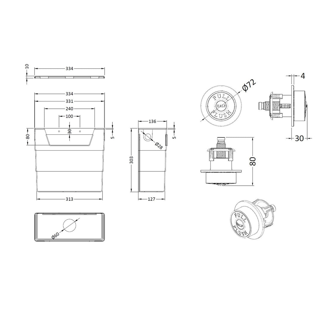 Universal Acess Concealed Cistern with Brushed Brass Traditional Flush Button