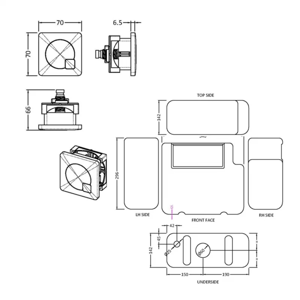 Nuie Dual Flush Cistern & Square Push Button - Black - Technical drawing