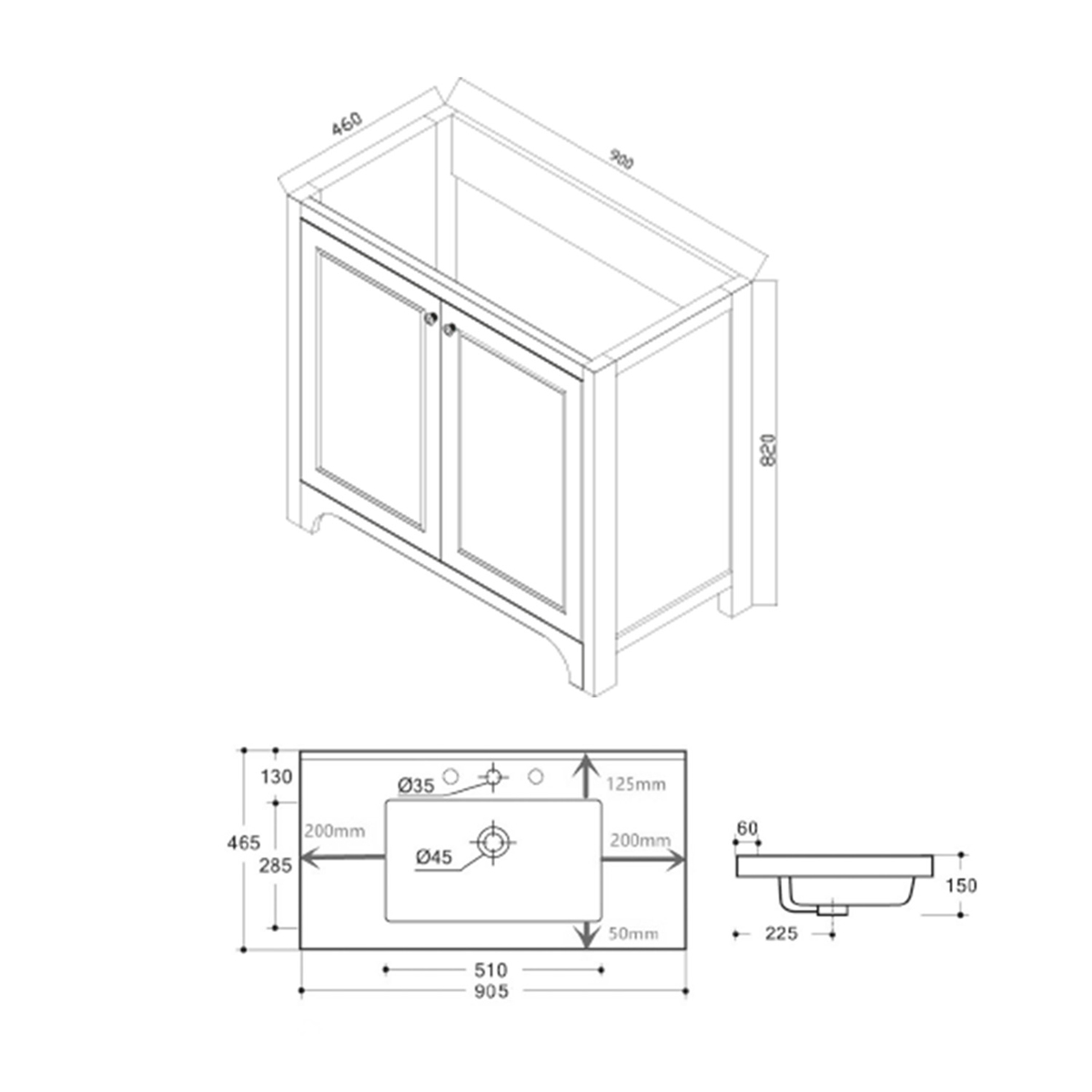 Harrogate Brunswick 900mm Vanity Unit & Ceramic Basin Dovetail Grey