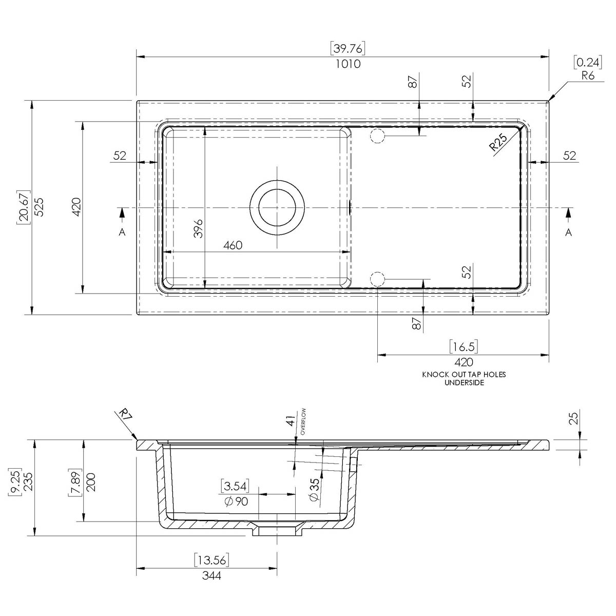 Nuie 1010x525mm 1 Bowl Counter Top Sink Matt Black (20312)