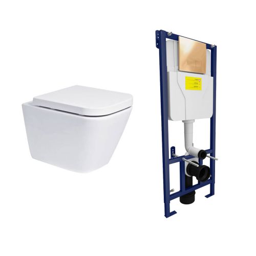 Linea Wall Hung Toilet & SAN85 1.1m Wall Hung WC Frame Deal & Brushed Brass Flush Plate (20394)