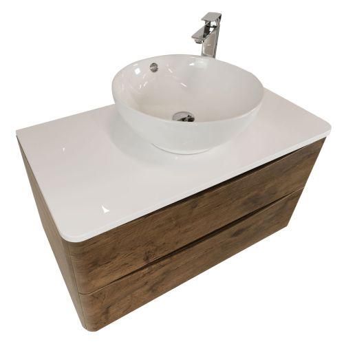 Baltimore 900mm Wall Mounted Vanity Unit, Worktop, Basin & Chrome Tap - Chestnut