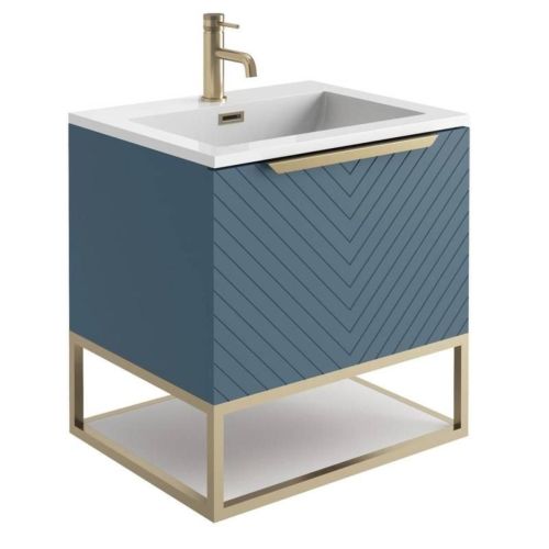 Chevron 600mm Wall Mounted Vanity Unit & Basin with Brushed Brass Frame - Blue (13306)