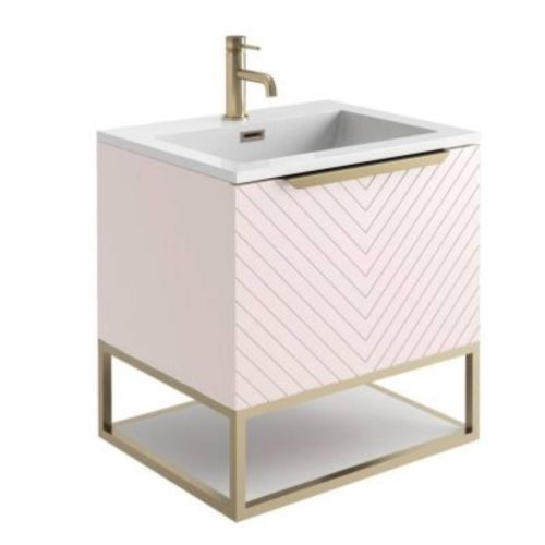 Chevron 600mm Wall Mounted Vanity Unit & Basin with Brushed Brass Frame - Pink (13307)