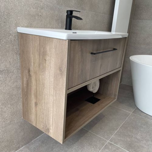 Josef Martin 800mm Havana Wall Mounted Vanity Unit with Open Shelf & Curved Basin - Dalton Oak (15577)